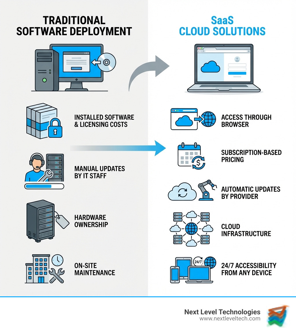 Infographic comparing traditional software deployment versus SaaS cloud solutions: Traditional shows a desktop computer with installed software, upfront licensing costs, manual updates by IT staff, hardware ownership, and on-site maintenance; SaaS shows a laptop accessing software through a browser, subscription-based pricing, automatic updates by provider, cloud infrastructure, and 24/7 accessibility from any device - saas cloud solutions infographic 