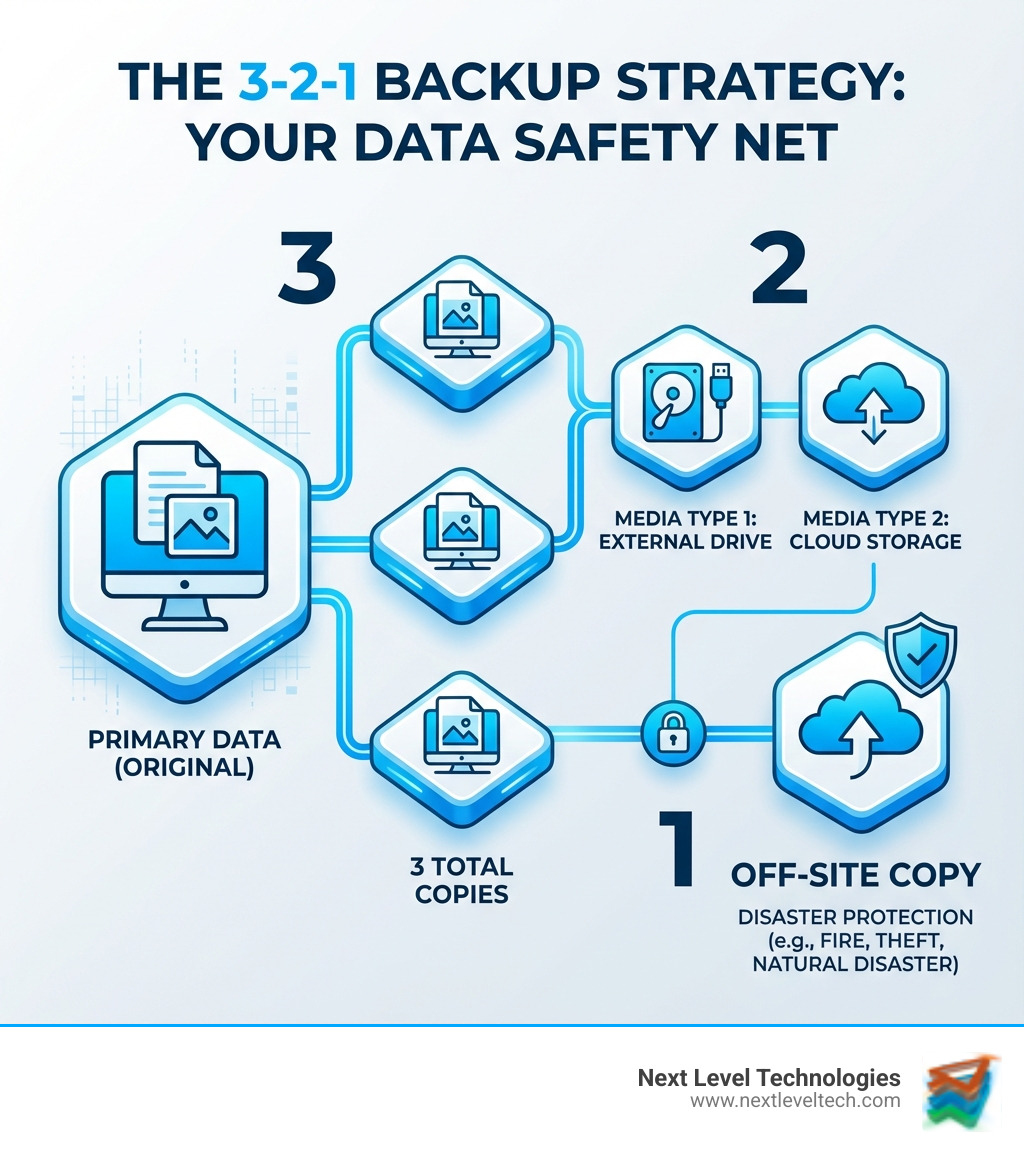 Infographic showing the 3-2-1 backup strategy: 3 copies of your data (1 primary + 2 backups), stored on 2 different types of media (like external drive and cloud), with 1 copy kept off-site for disaster protection - data backup in computer infographic Infographic showing the 3-2-1 backup strategy: 3 copies of your data (1 primary + 2 backups), stored on 2 different types of media (like external drive and cloud), with 1 copy kept off-site for disaster protection - data backup in computer infographic