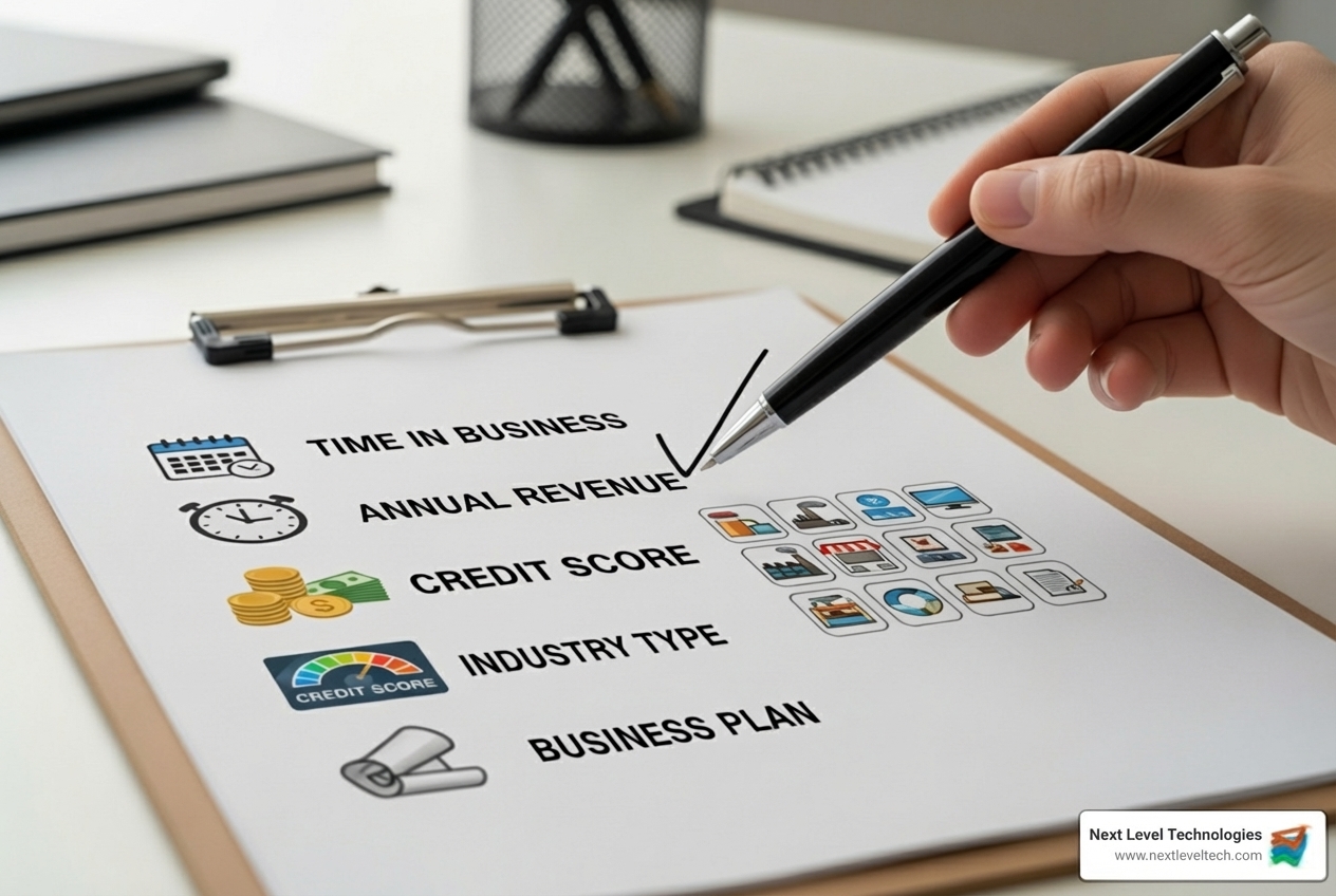 A checklist with key eligibility criteria for business loans, including "Time in Business," "Annual Revenue," "Credit Score (Personal & Business)," "Industry Type," and "Business Plan." - business loans near me A checklist with key eligibility criteria for business loans, including "Time in Business," "Annual Revenue," "Credit Score (Personal & Business)," "Industry Type," and "Business Plan." - business loans near me