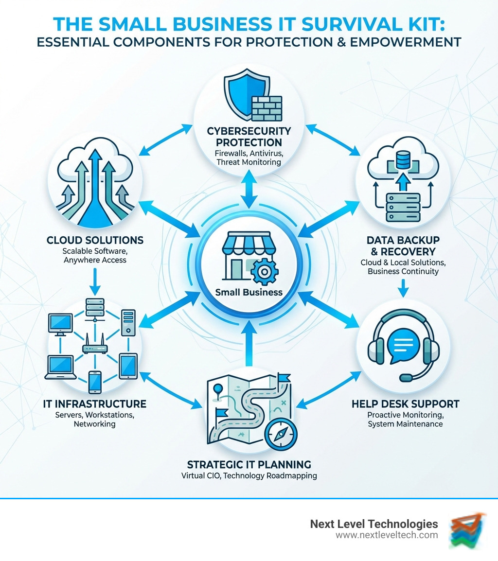 Infographic showing the essential components of small business IT: cybersecurity protection with firewall and shield icons, data backup with cloud and server symbols, IT infrastructure showing connected devices, help desk support with headset icon, cloud solutions with upward arrows indicating scalability, and strategic planning with roadmap illustration - all interconnected to show how these elements work together to protect and empower small businesses - small business it infographic 