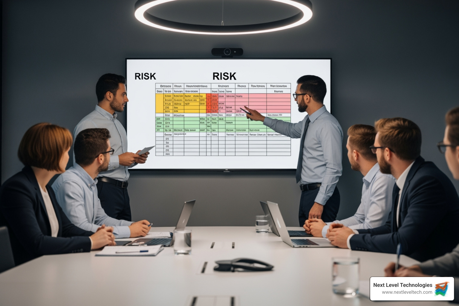 A team of IT professionals in a meeting room discussing a risk matrix, pointing to a large screen displaying risk levels and mitigation strategies. - it risk management