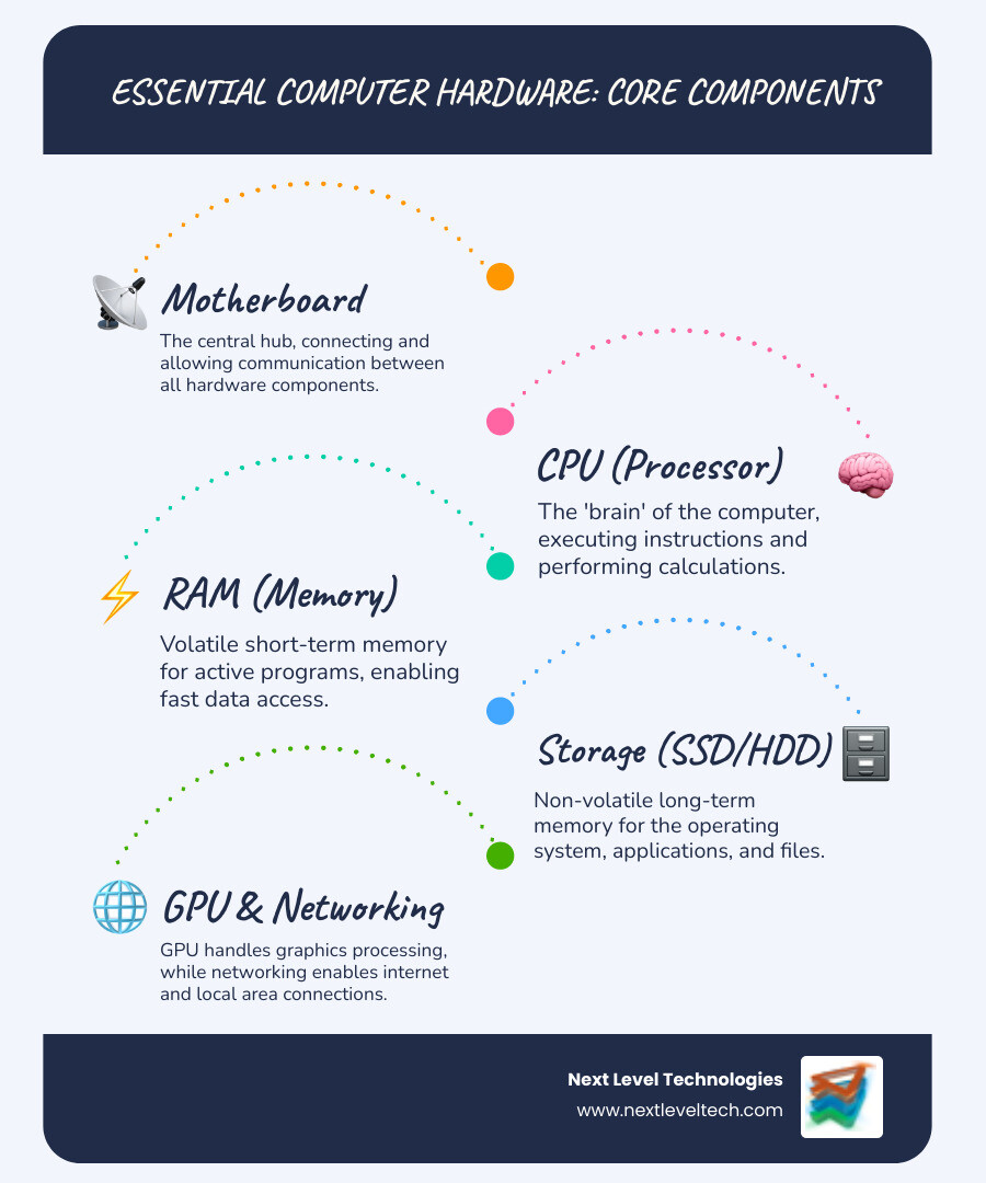 infographic showing the core components of a computer system including motherboard, CPU, RAM, storage drives, GPU, and networking equipment with arrows indicating how data flows between components and their primary functions in business operations - Computer Hardware Solutions infographic infographic-line-5-steps-blues-accent_colors infographic showing the core components of a computer system including motherboard, CPU, RAM, storage drives, GPU, and networking equipment with arrows indicating how data flows between components and their primary functions in business operations - Computer Hardware Solutions infographic infographic-line-5-steps-blues-accent_colors