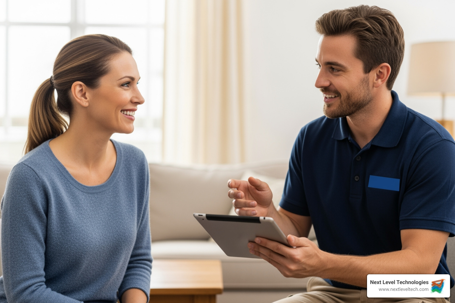 happy customer interacting with technician - service management software happy customer interacting with technician - service management software