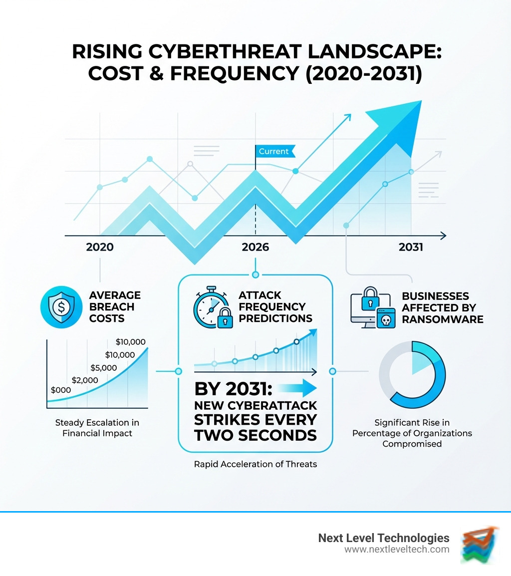 detailed infographic showing the rising cost and frequency of cyberattacks from 2020 to 2031, with statistics on average breach costs, attack frequency predictions, and the percentage of businesses affected by ransomware - security services it infographic 