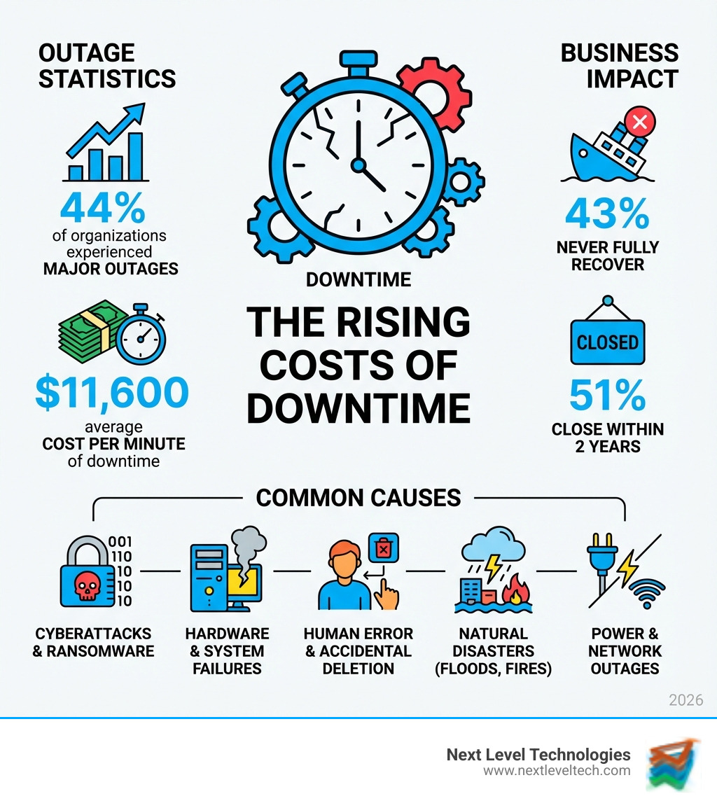 Infographic showing the rising costs of downtime with statistics: 44% of organizations experienced major outages, $11,600 average cost per minute of downtime, 43% never fully recover, 51% close within 2 years. Common causes illustrated include cyberattacks and ransomware, hardware and system failures, human error and accidental deletion, natural disasters like floods and fires, and power and network outages. - cloud-based disaster recovery services infographic 