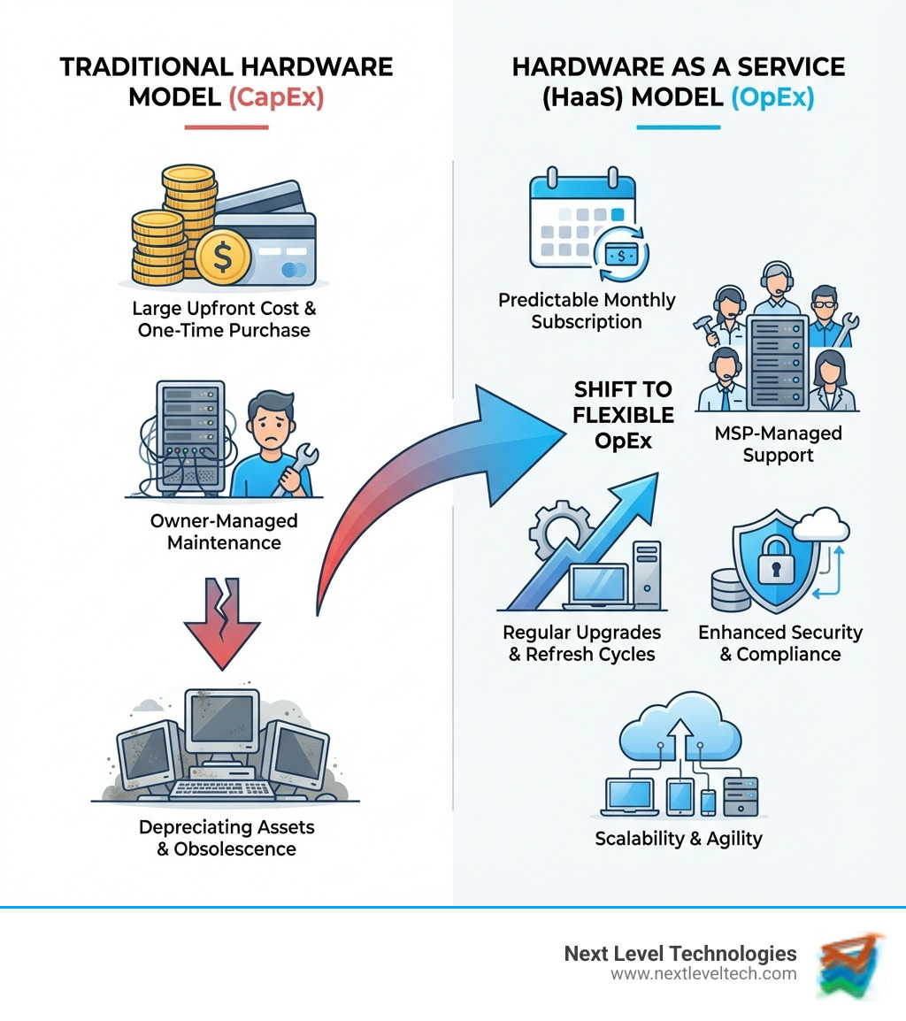 Infographic showing the HaaS model: traditional one-time hardware purchase with large upfront cost and owner-managed maintenance transforming into a subscription service with predictable monthly payments, MSP-managed support, regular upgrades, and enhanced security—all shifting from CapEx to OpEx - Hardware as a Service infographic 