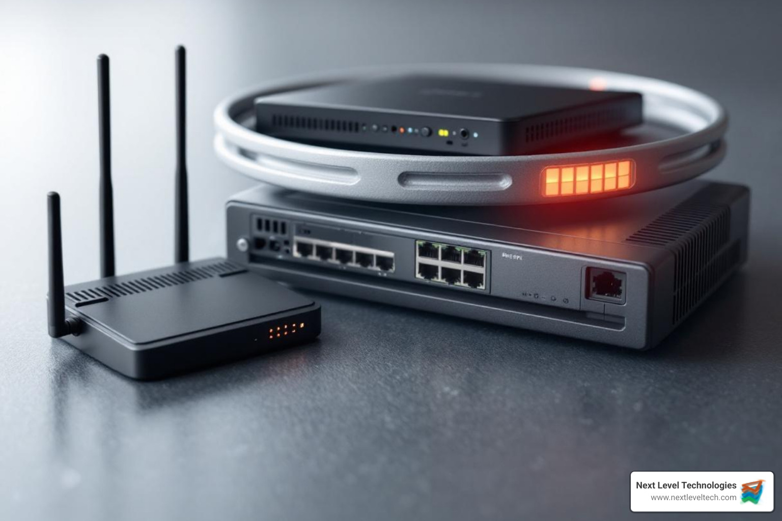 various networking hardware components like a router, switch, and firewall arranged neatly - computer hardware and networking services