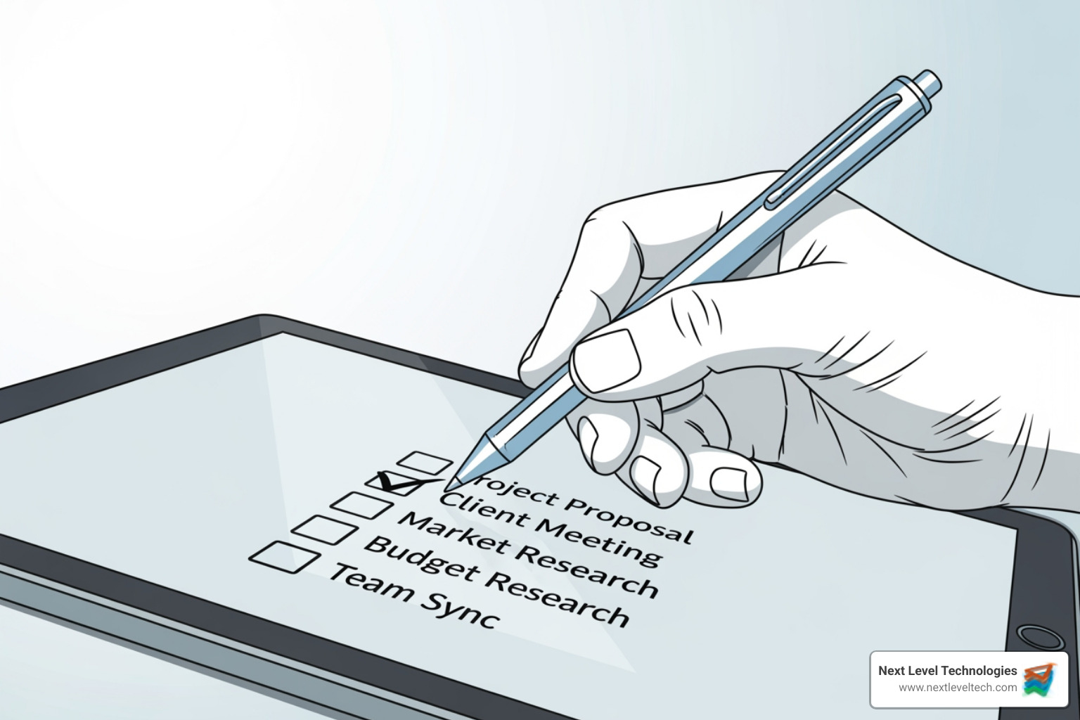 A stylized image of a hand using a pen to check off items on a digital checklist, symbolizing careful selection of an outsourcing partner - software development outsourcing