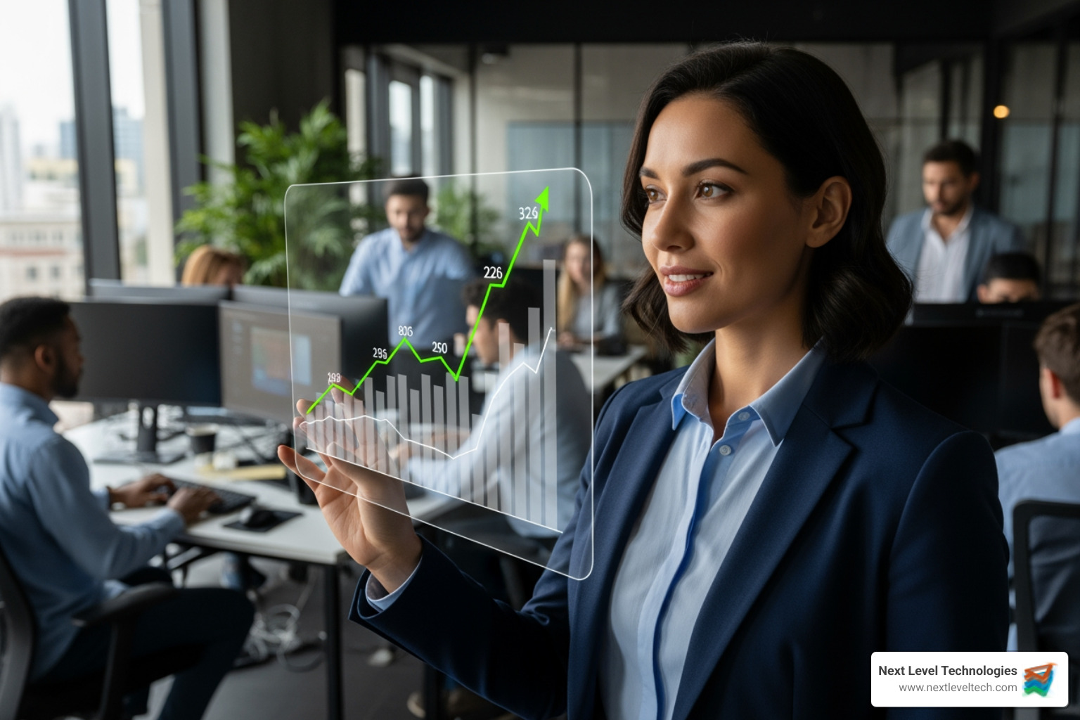 A business owner looking confidently at a graph showing growth, with a blurred image of a Next Level Technologies development team working diligently in the background - software development outsourcing