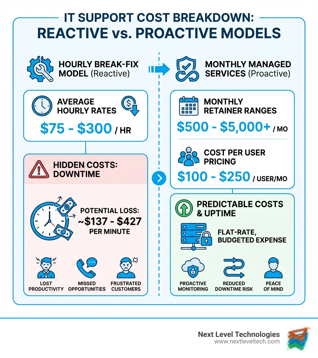 infographic showing breakdown of IT support costs comparing hourly break-fix model versus monthly managed services, including hidden costs of downtime, average hourly rates, monthly retainer ranges, and cost per user pricing - Business IT support cost infographic 