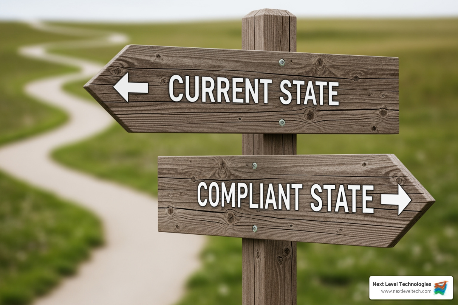 A signpost with arrows pointing to 'Current State' and 'Compliant State' - Compliance Gap Analysis