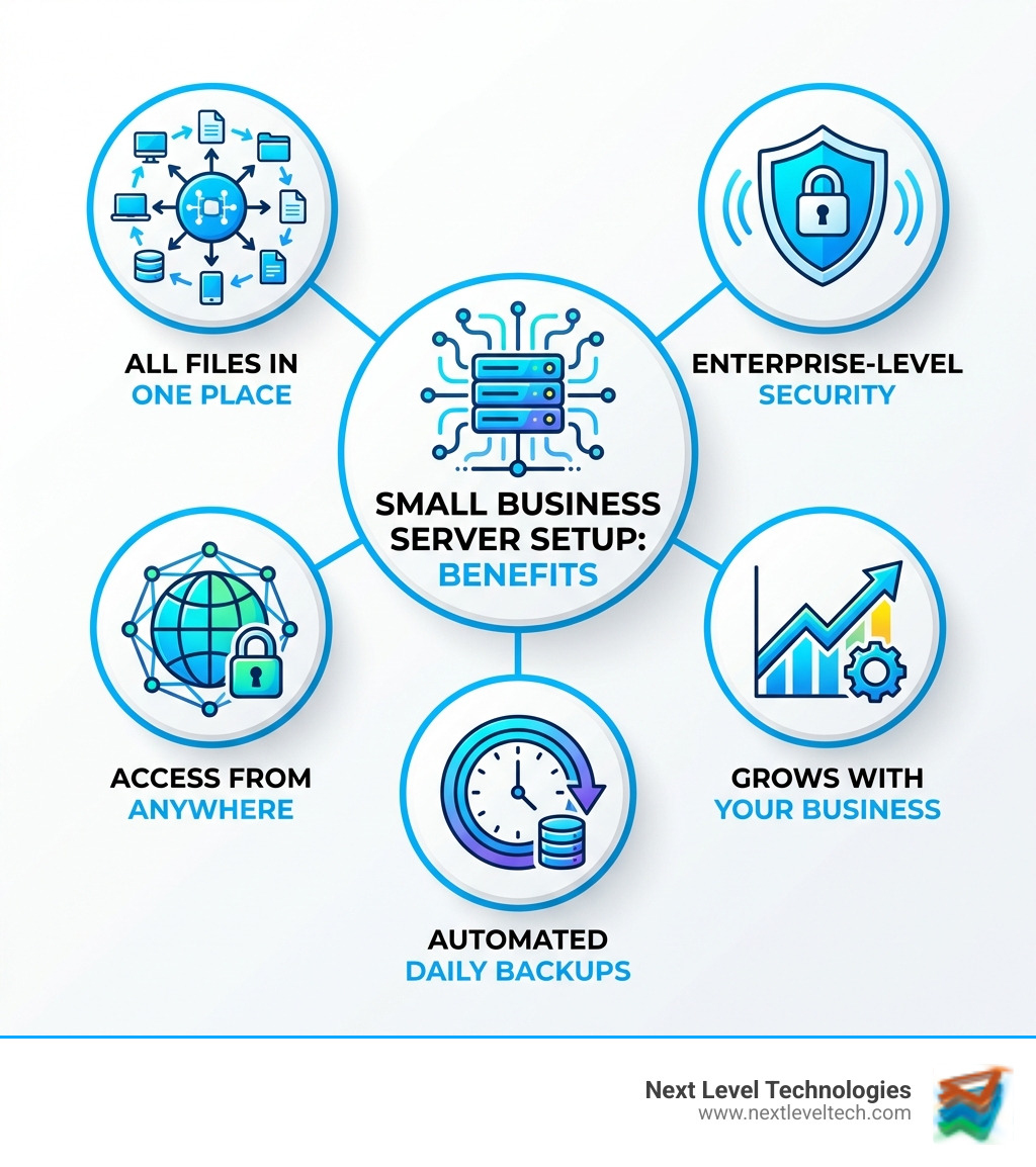 Infographic showing small business server setup benefits: Central hub icon with 'All Files in One Place', shield icon with 'Enterprise-Level Security', globe icon with 'Access From Anywhere', graph icon with 'Grows With Your Business', and clock icon with 'Automated Daily Backups' - small business server setup infographic 