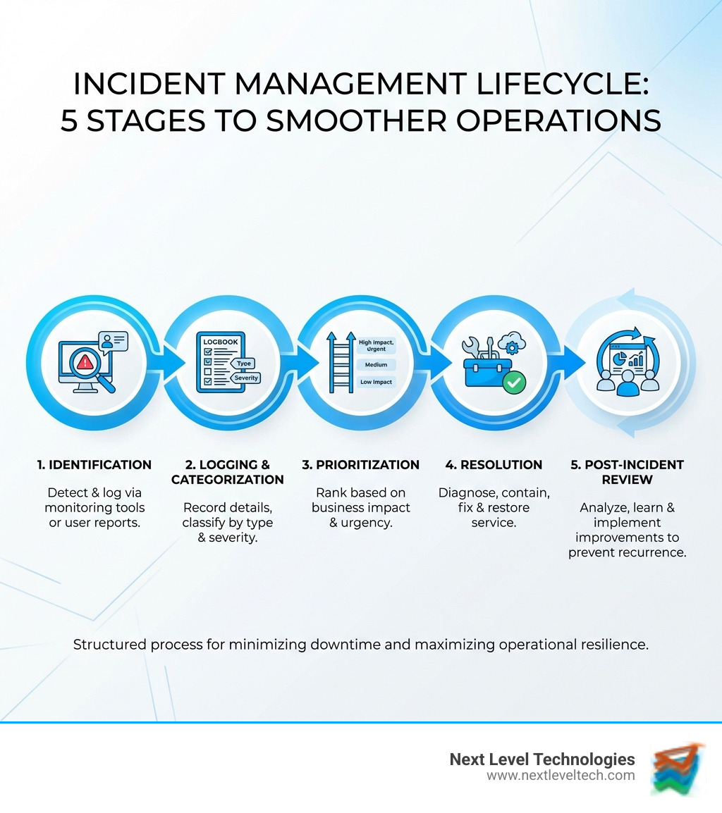 Infographic showing the 5 stages of the incident management lifecycle: 1. Identification - Detect and log the incident through monitoring tools or user reports; 2. Logging and Categorization - Record details and classify by type and severity; 3. Prioritization - Rank based on business impact and urgency; 4. Resolution - Diagnose, contain, and fix the issue to restore service; 5. Post-Incident Review - Analyze what happened and implement improvements to prevent recurrence - Benefits of incident management infographic 