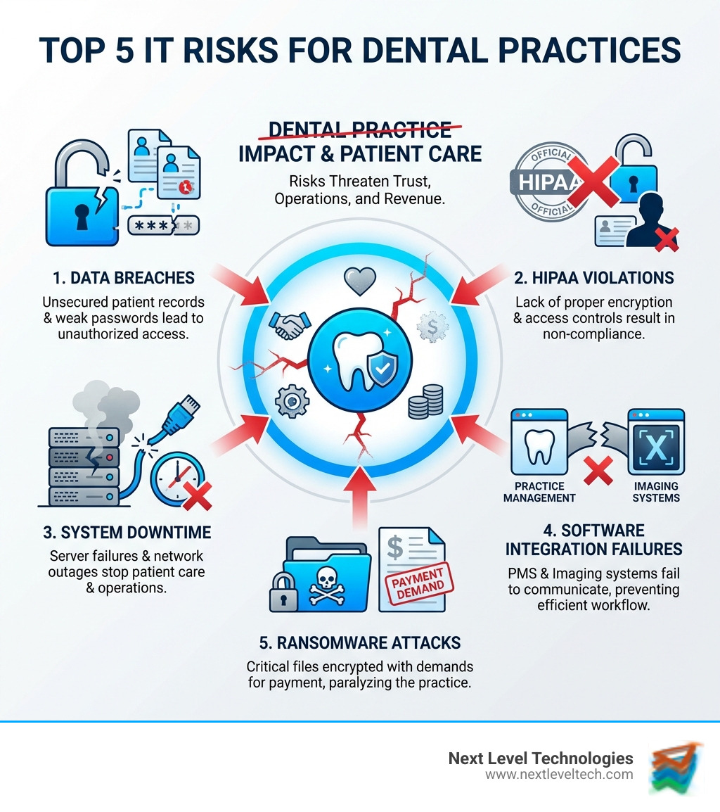 Infographic explaining the top 5 IT risks for dental practices: data breaches from unsecured patient records and weak passwords, HIPAA violations from lack of proper encryption and access controls, system downtime from server failures and network outages stopping patient care, software integration failures preventing communication between practice management and imaging systems, and ransomware attacks encrypting critical files and demanding payment - IT services for dentists infographic Infographic explaining the top 5 IT risks for dental practices: data breaches from unsecured patient records and weak passwords, HIPAA violations from lack of proper encryption and access controls, system downtime from server failures and network outages stopping patient care, software integration failures preventing communication between practice management and imaging systems, and ransomware attacks encrypting critical files and demanding payment - IT services for dentists infographic