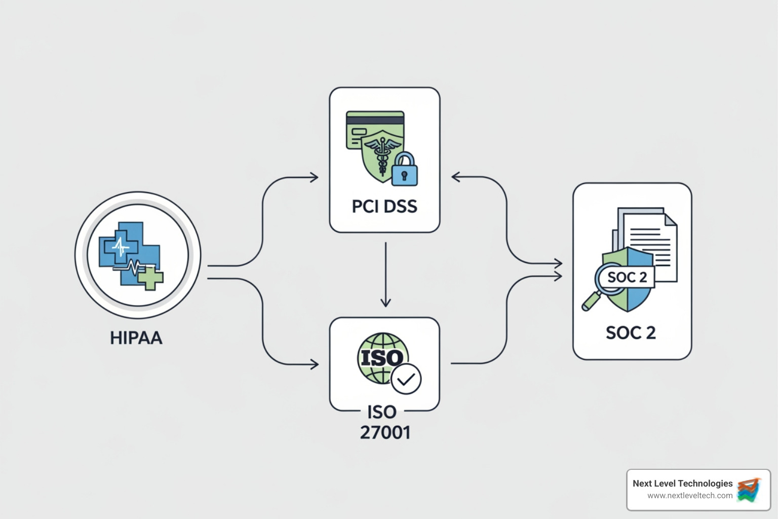 Flowchart showing different compliance logos like HIPAA, PCI, ISO - Security Compliance Services