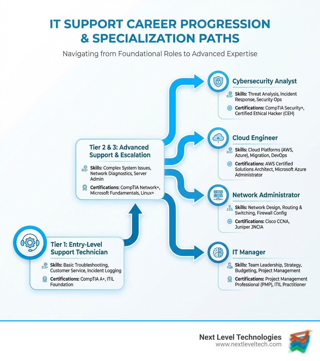 Infographic showing IT support career progression from Tier 1 support technician to specialized roles like cybersecurity analyst, cloud engineer, network administrator, and IT manager, with key certifications and skills needed at each level - it support it infographic Infographic showing IT support career progression from Tier 1 support technician to specialized roles like cybersecurity analyst, cloud engineer, network administrator, and IT manager, with key certifications and skills needed at each level - it support it infographic