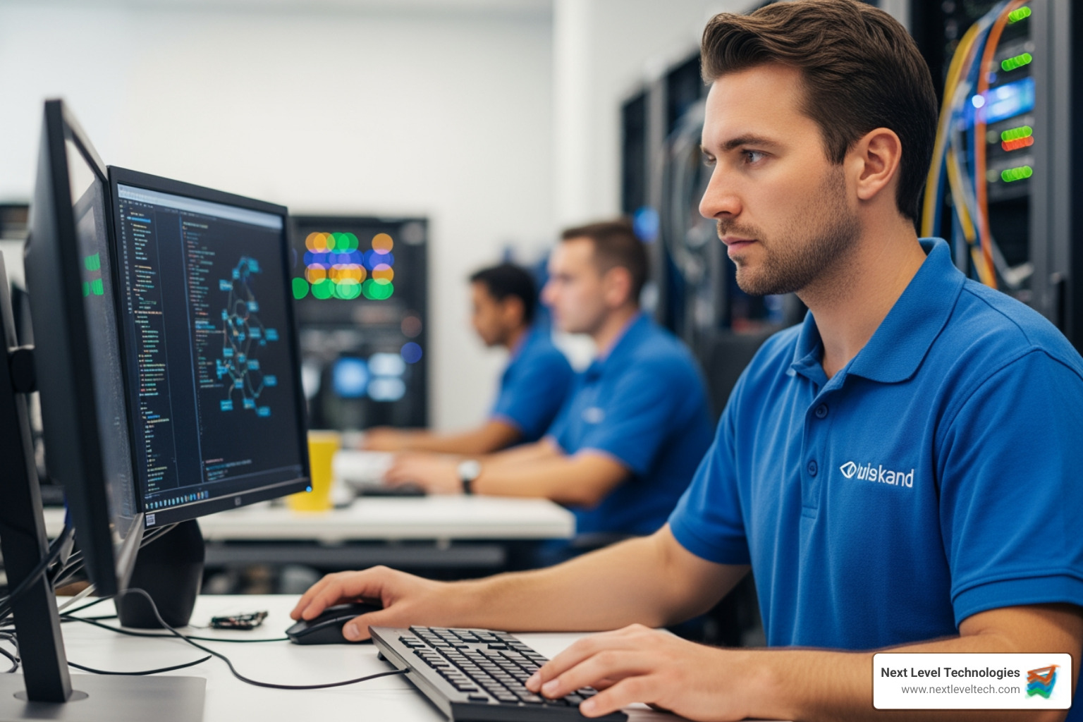 split screen showing technical code on one side and a person communicating empathetically on the other - it support it split screen showing technical code on one side and a person communicating empathetically on the other - it support it