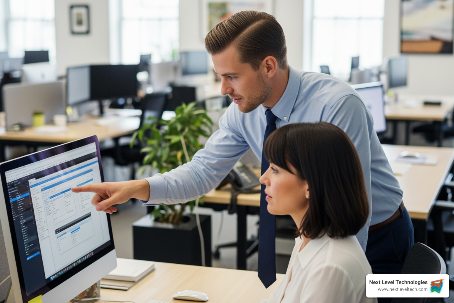 IT support specialist helping an employee at their desk - it support it IT support specialist helping an employee at their desk - it support it