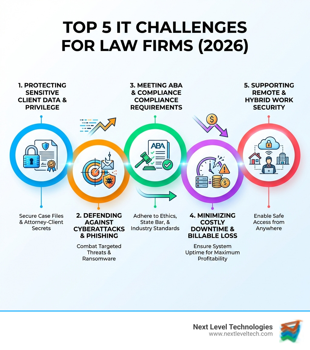 infographic showing the top 5 IT challenges for law firms: 1. Protecting sensitive client data and attorney-client privilege, 2. Defending against targeted cyberattacks and phishing, 3. Meeting ABA ethical obligations and compliance requirements, 4. Minimizing costly downtime that reduces billable hours, 5. Supporting remote and hybrid work while maintaining security - IT support for legal services infographic infographic showing the top 5 IT challenges for law firms: 1. Protecting sensitive client data and attorney-client privilege, 2. Defending against targeted cyberattacks and phishing, 3. Meeting ABA ethical obligations and compliance requirements, 4. Minimizing costly downtime that reduces billable hours, 5. Supporting remote and hybrid work while maintaining security - IT support for legal services infographic