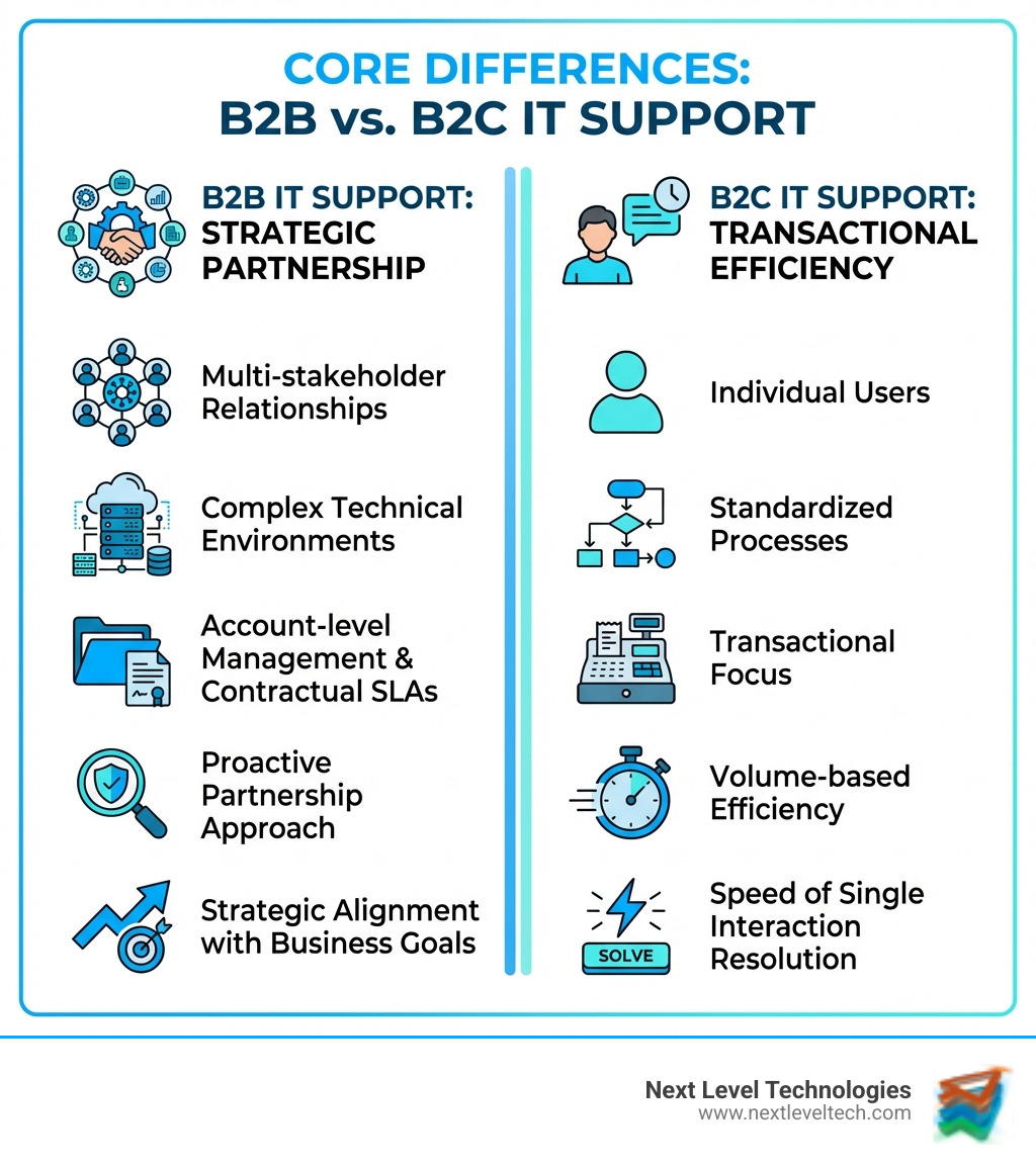Infographic showing the core differences between B2B and B2C IT support: B2B features multi-stakeholder relationships, complex technical environments, account-level management, contractual SLAs, proactive partnership approach, and strategic alignment with business goals; B2C features individual users, standardized processes, transactional focus, volume-based efficiency, and speed of single interaction resolution - b2b it support infographic 