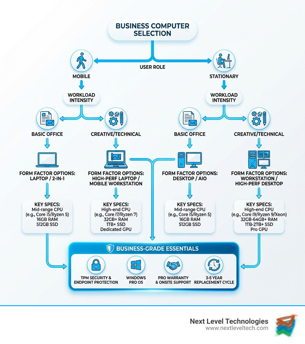 infographic showing decision tree for business computer selection with branches for user role (mobile vs stationary), workload intensity (basic office vs creative/technical), form factor options (desktop, laptop, AIO, workstation), and key specifications (CPU, RAM, storage) with business-grade features highlighted including TPM security, Windows Pro, warranty coverage, and typical 3-5 year replacement cycle - computer equipment for business infographic infographic showing decision tree for business computer selection with branches for user role (mobile vs stationary), workload intensity (basic office vs creative/technical), form factor options (desktop, laptop, AIO, workstation), and key specifications (CPU, RAM, storage) with business-grade features highlighted including TPM security, Windows Pro, warranty coverage, and typical 3-5 year replacement cycle - computer equipment for business infographic