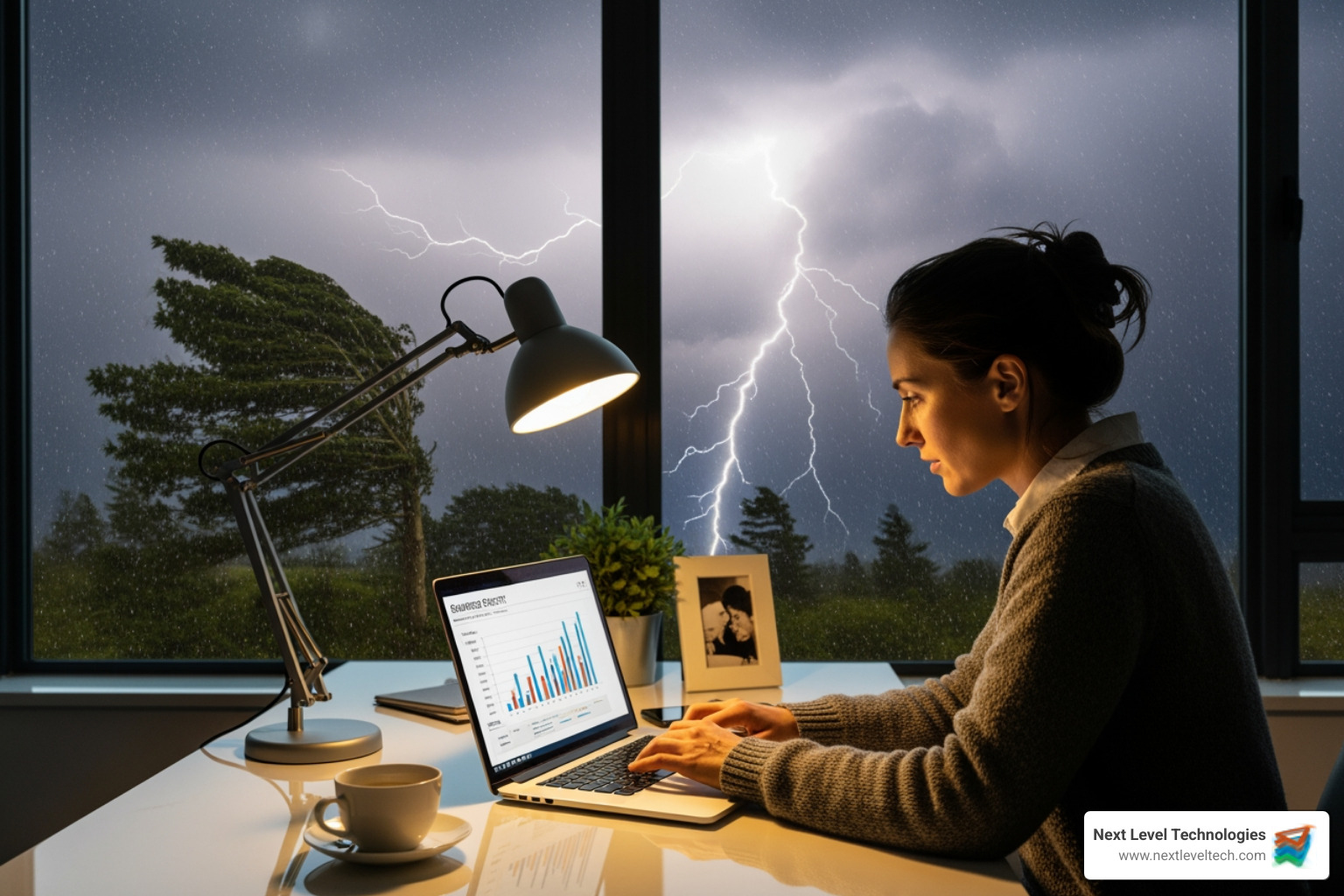 of a business owner looking relieved while working remotely on a laptop, with a storm visible outside the window - cloud backup services for business