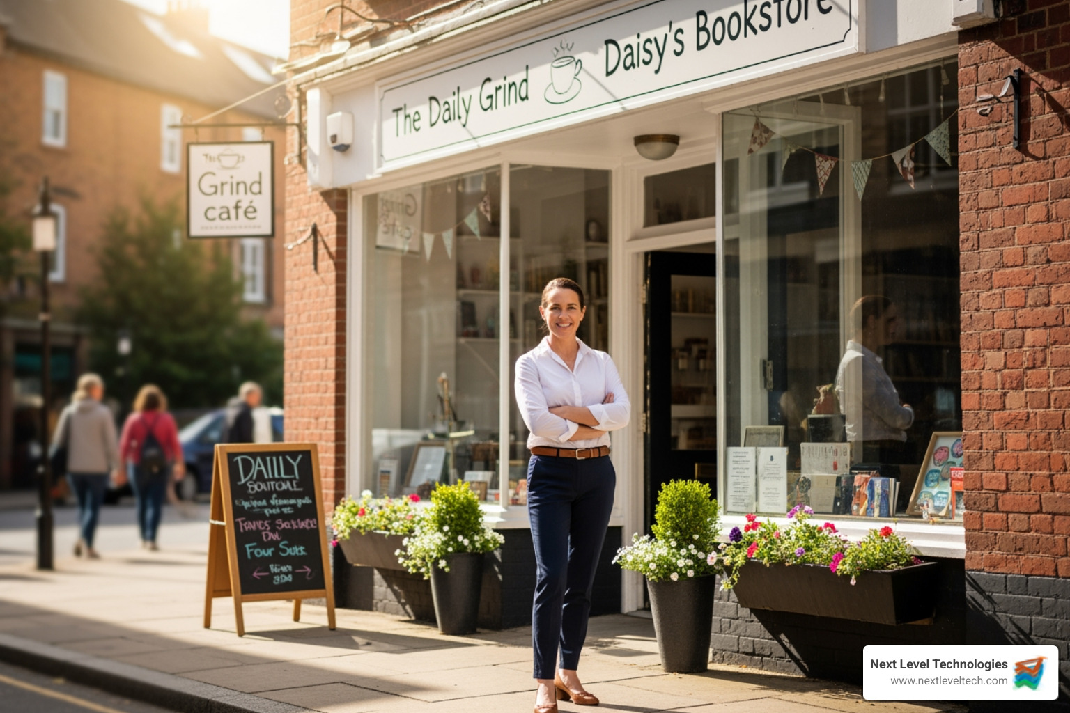 A small local business storefront with a happy owner - local sales network A small local business storefront with a happy owner - local sales network