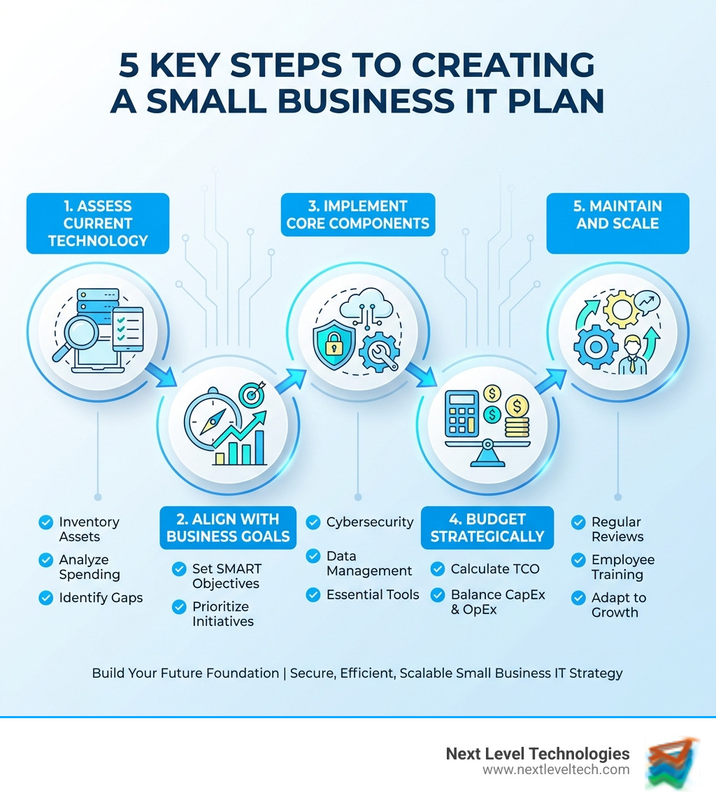 Infographic showing 5 key steps to creating a small business IT plan: 1. Assess Current Technology (inventory assets, analyze spending, identify gaps), 2. Align with Business Goals (set SMART objectives, prioritize initiatives), 3. Implement Core Components (cybersecurity, data management, essential tools), 4. Budget Strategically (calculate TCO, balance CapEx and OpEx), 5. Maintain and Scale (regular reviews, employee training, adapt to growth) - it plan for small business infographic 