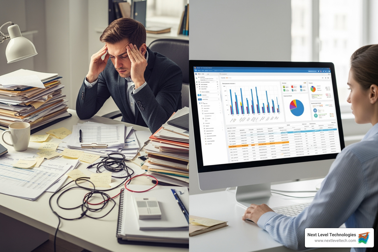 Chaos of manual spreadsheet tracking vs. streamlined software dashboard - it cost management software