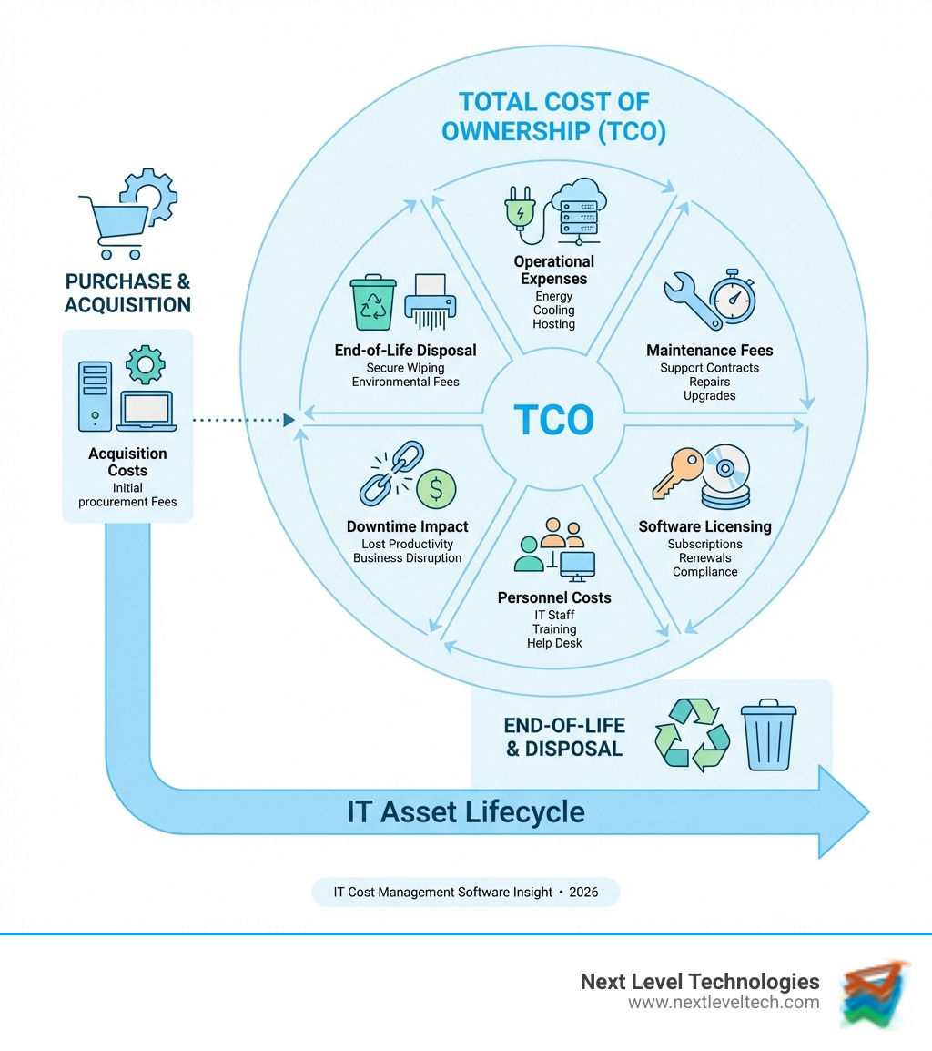 infographic showing the breakdown of Total Cost of Ownership for IT assets including acquisition costs, operational expenses, maintenance fees, software licensing, personnel costs, downtime impact, and end-of-life disposal across the full asset lifecycle - it cost management software infographic 