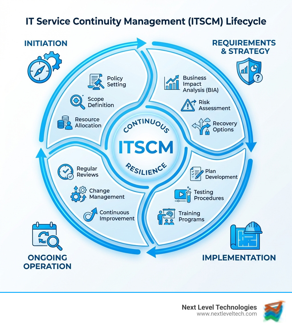infographic showing the ITSCM lifecycle with four stages: Initiation (policy setting, scope definition, resource allocation), Requirements & Strategy (Business Impact Analysis, Risk Assessment, recovery options), Implementation (plan development, testing procedures, training programs), and Ongoing Operation (regular reviews, change management, continuous improvement) - it service continuity management infographic 