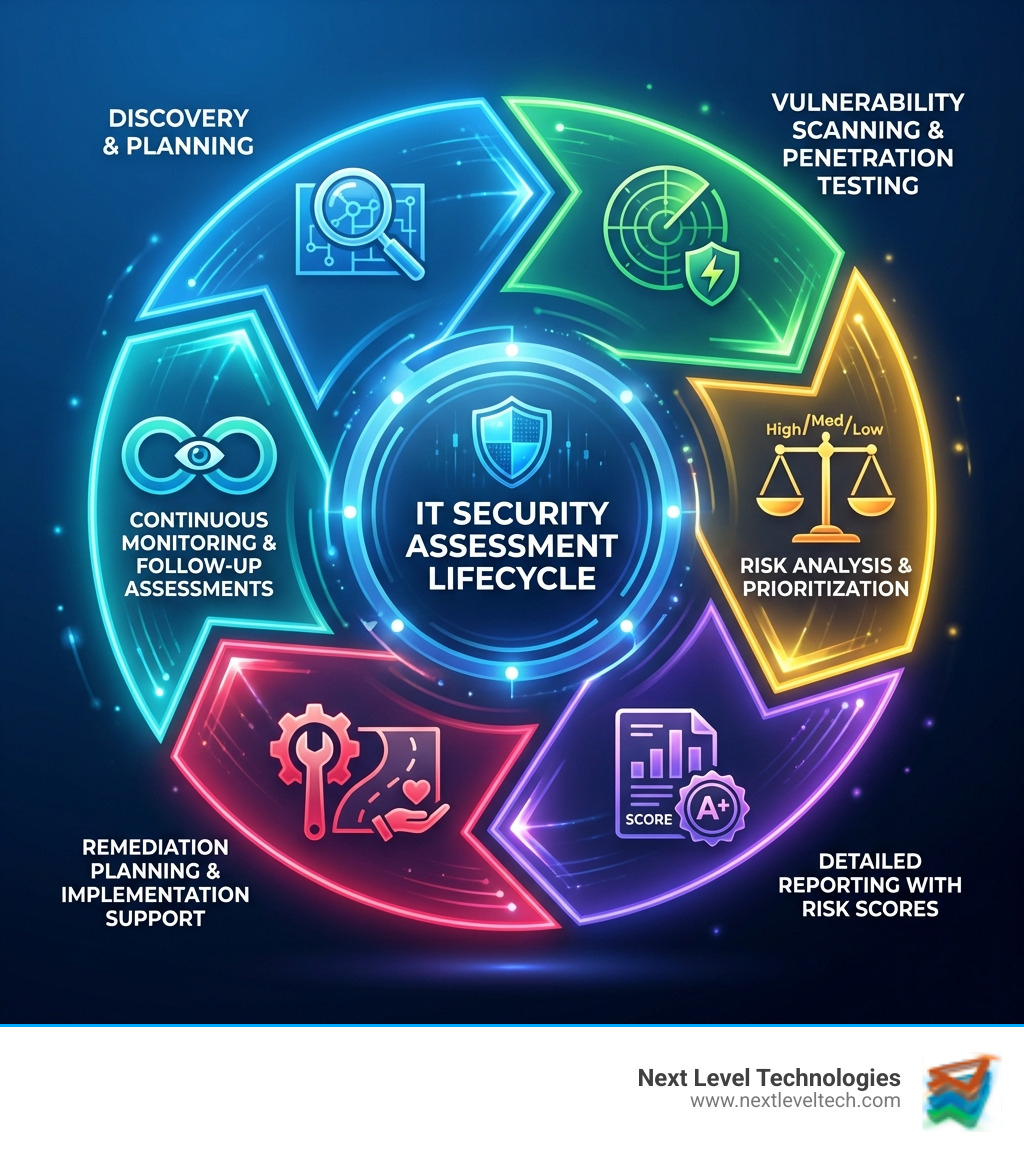 Infographic showing the IT security assessment lifecycle: Discovery and planning, vulnerability scanning and penetration testing, risk analysis and prioritization, detailed reporting with risk scores, remediation planning and implementation support, and continuous monitoring and follow-up assessments - it security assessment services infographic 