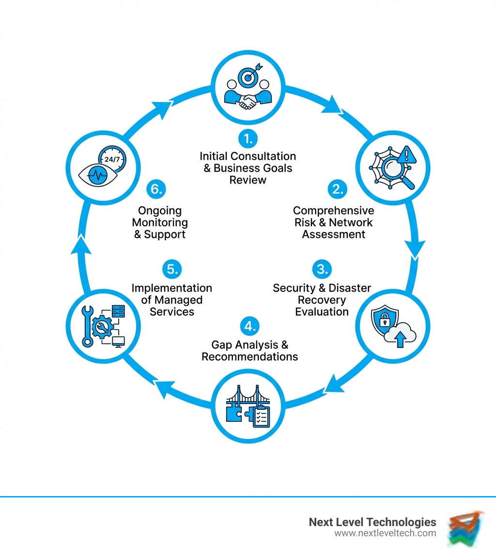 Infographic showing the 6-step IT infrastructure assessment lifecycle: 1. Initial Consultation and Business Goals Review, 2. Comprehensive Risk and Network Assessment, 3. Security and Disaster Recovery Evaluation, 4. Gap Analysis and Recommendations, 5. Implementation of Managed Services, 6. Ongoing Monitoring and Support - IT infrastructure assessment services infographic 