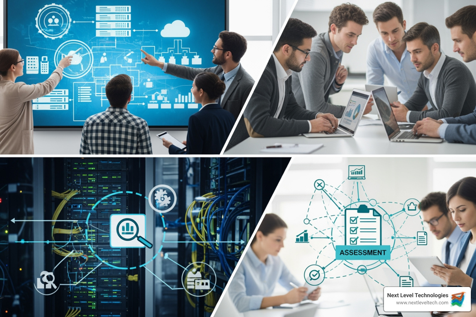 Network topology map showing interconnected servers, workstations, and cloud resources - IT infrastructure assessment services