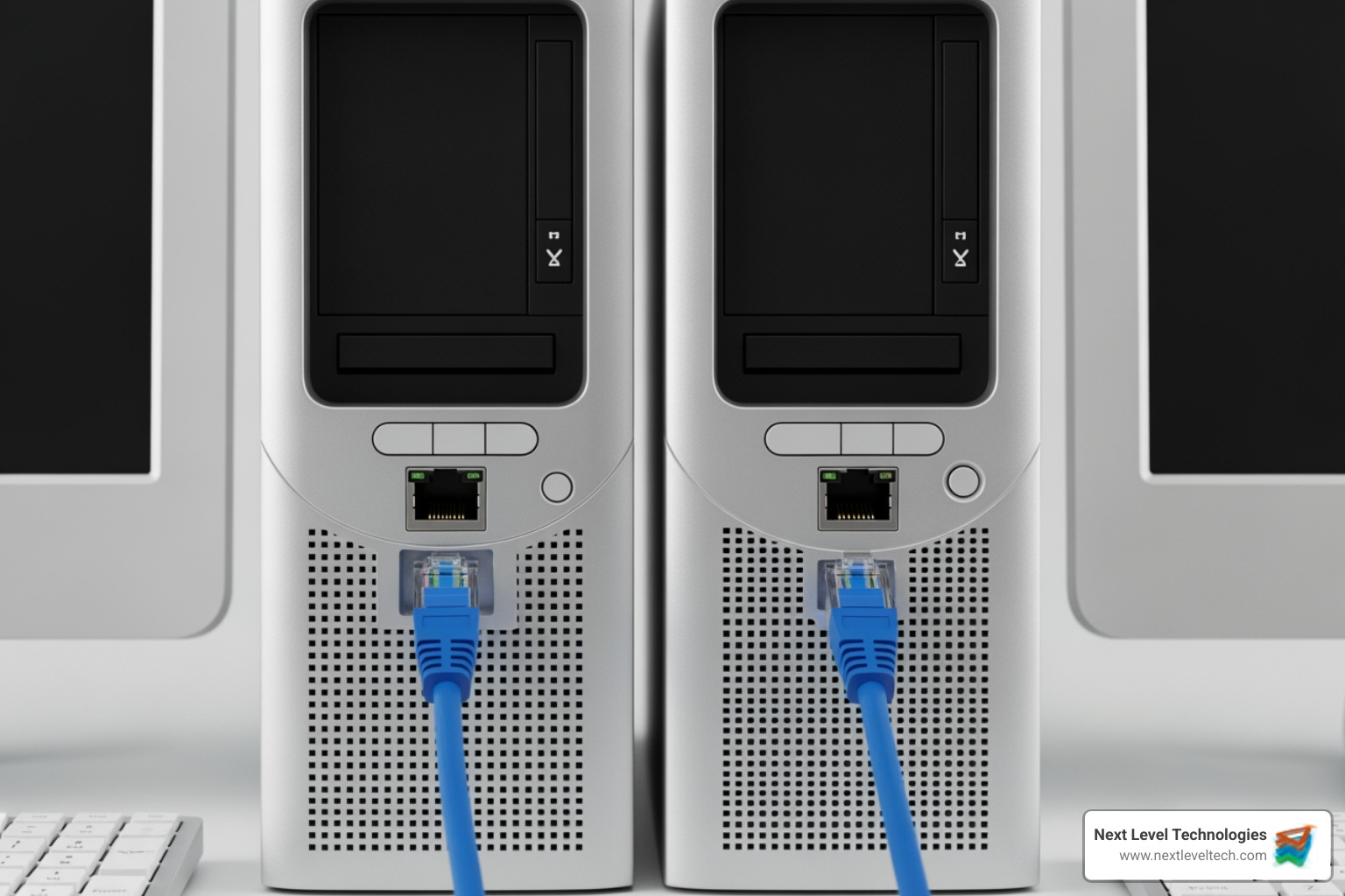 Two computers connected by a single Ethernet cable representing the simplest form of a network - network networking definition Two computers connected by a single Ethernet cable representing the simplest form of a network - network networking definition