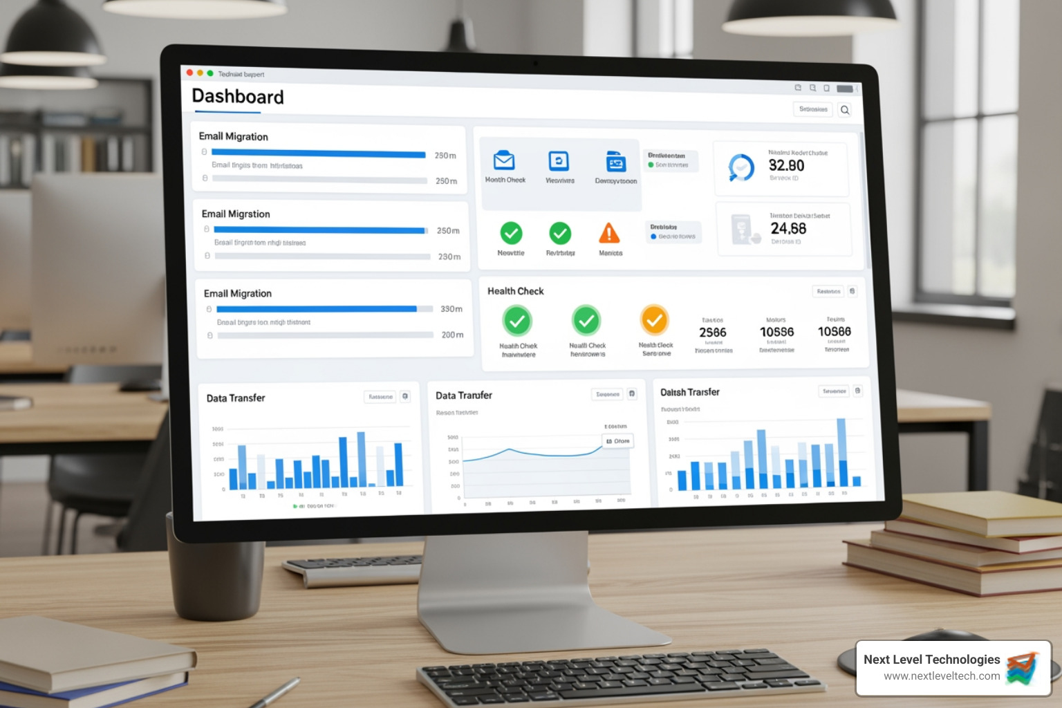 Technical support dashboard showing migration progress and health checks - Office 365 migration support