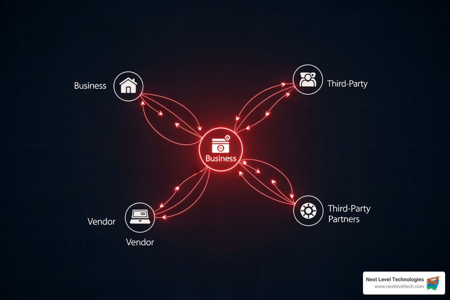 Data breach visualization showing interconnected nodes representing a business and its third-party partners being compromised - Vendor Risk Management