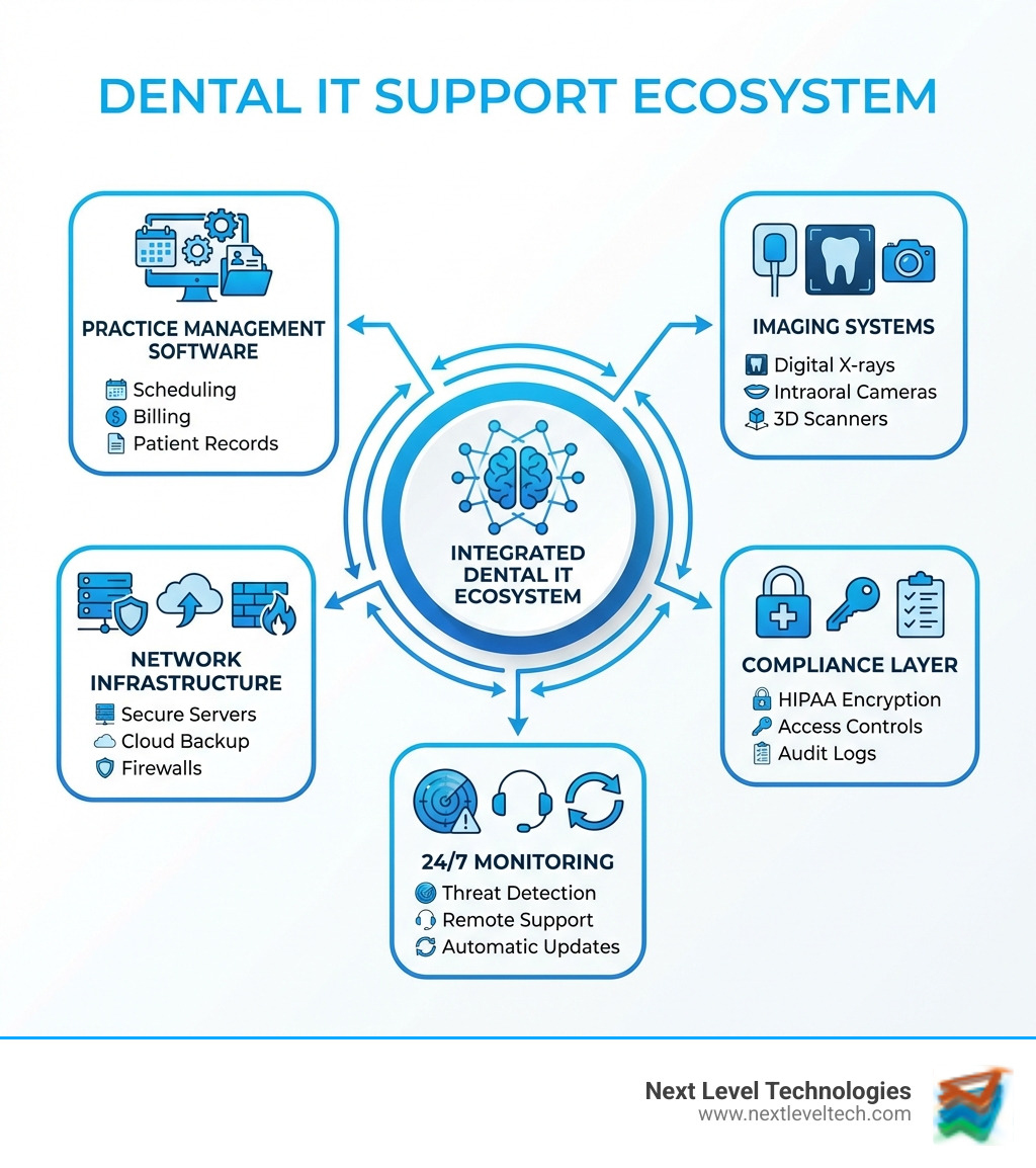 Dental IT Support Ecosystem: Components include Practice Management Software (scheduling, billing, patient records), Imaging Systems (digital X-rays, intraoral cameras, 3D scanners), Network Infrastructure (secure servers, cloud backup, firewalls), Compliance Layer (HIPAA encryption, access controls, audit logs), and 24/7 Monitoring (threat detection, remote support, automatic updates) - dental office it support infographic Dental IT Support Ecosystem: Components include Practice Management Software (scheduling, billing, patient records), Imaging Systems (digital X-rays, intraoral cameras, 3D scanners), Network Infrastructure (secure servers, cloud backup, firewalls), Compliance Layer (HIPAA encryption, access controls, audit logs), and 24/7 Monitoring (threat detection, remote support, automatic updates) - dental office it support infographic