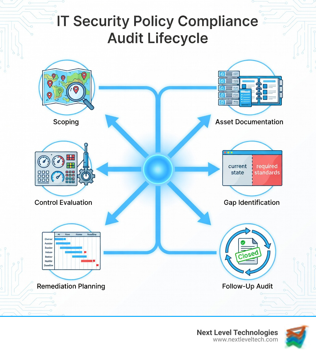 Infographic showing the IT security policy compliance audit lifecycle: Step 1 - Scoping (define systems, assets, and regulatory requirements); Step 2 - Asset Documentation (inventory all IT assets and policies); Step 3 - Control Evaluation (test controls against frameworks like NIST, ISO 27001, HIPAA); Step 4 - Gap Identification (compare current state to required standards); Step 5 - Remediation Planning (assign owners, set timelines, prioritize fixes); Step 6 - Follow-Up Audit (verify remediation effectiveness and close findings) - it security policy compliance audits infographic Infographic showing the IT security policy compliance audit lifecycle: Step 1 - Scoping (define systems, assets, and regulatory requirements); Step 2 - Asset Documentation (inventory all IT assets and policies); Step 3 - Control Evaluation (test controls against frameworks like NIST, ISO 27001, HIPAA); Step 4 - Gap Identification (compare current state to required standards); Step 5 - Remediation Planning (assign owners, set timelines, prioritize fixes); Step 6 - Follow-Up Audit (verify remediation effectiveness and close findings) - it security policy compliance audits infographic
