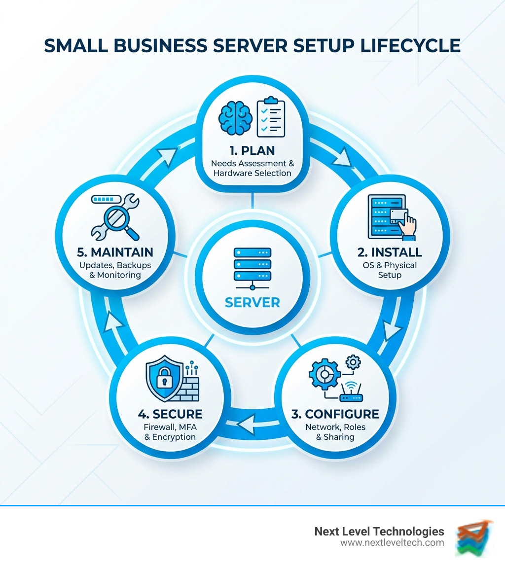 Small business server setup lifecycle: plan, install, configure, secure, maintain - small office server setup infographic 