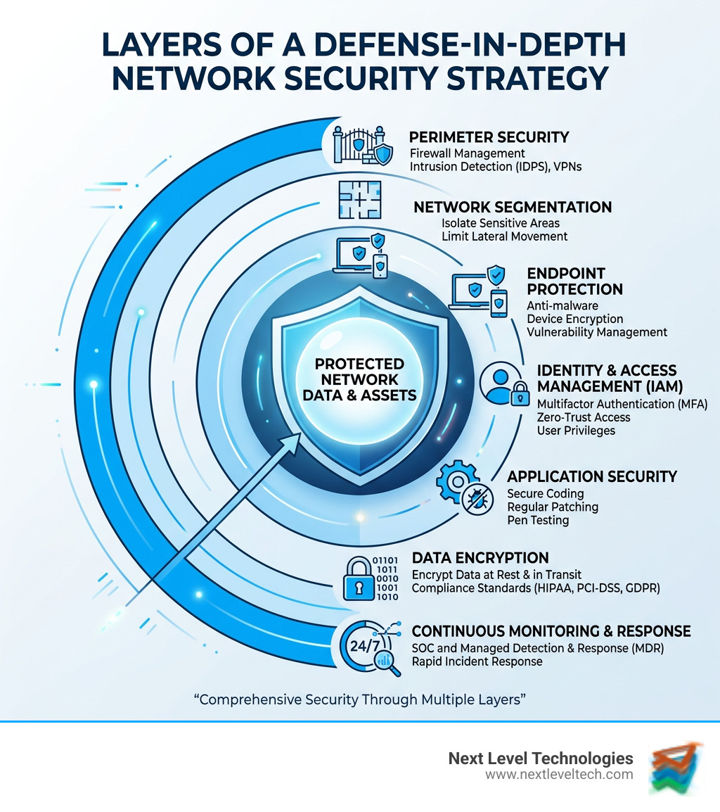 Layers of a defense-in-depth network security strategy infographic - Network security IT services infographic Layers of a defense-in-depth network security strategy infographic - Network security IT services infographic