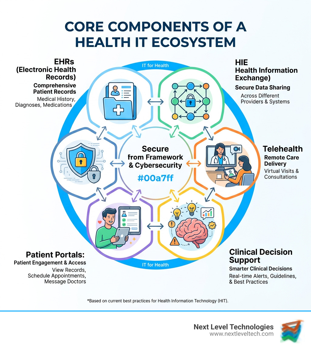 Infographic showing core components of a Health IT ecosystem including EHRs, HIE, telehealth, clinical decision support, and Infographic showing core components of a Health IT ecosystem including EHRs, HIE, telehealth, clinical decision support, and