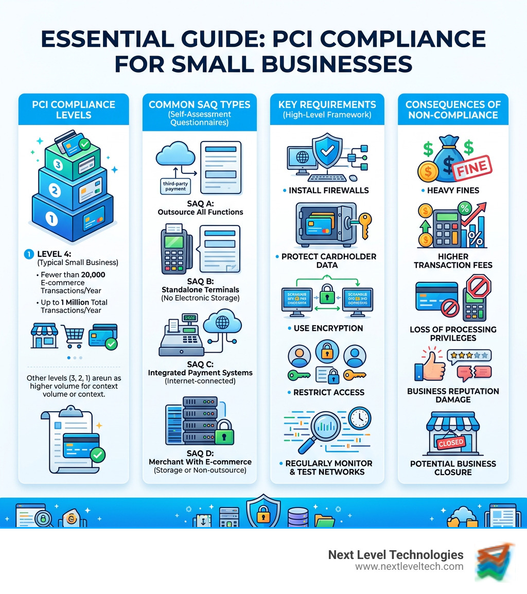 Infographic showing PCI compliance levels, SAQ types, key requirements, and consequences of non-compliance for small Infographic showing PCI compliance levels, SAQ types, key requirements, and consequences of non-compliance for small