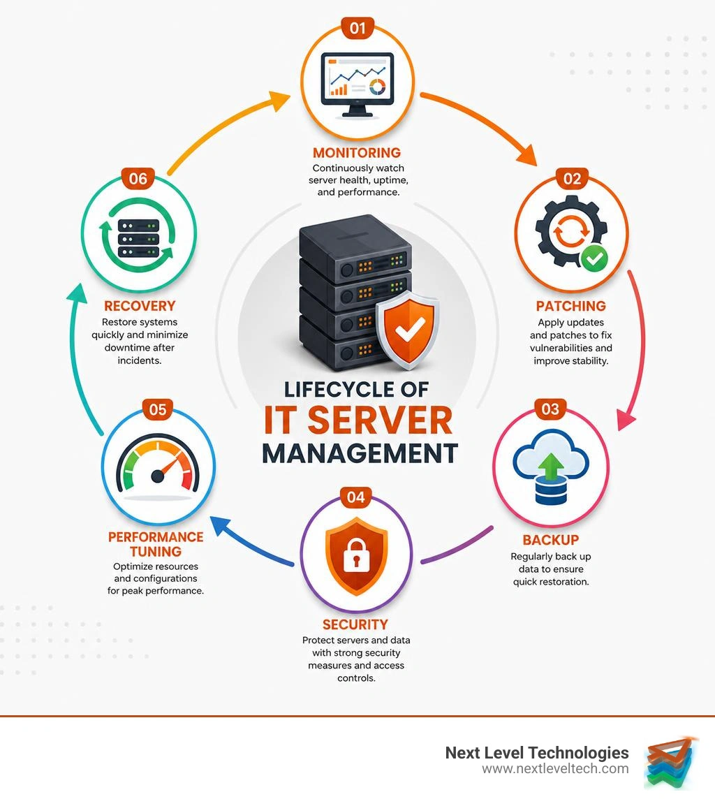 Lifecycle of IT server management: monitoring, patching, backup, security, performance tuning, and recovery infographic