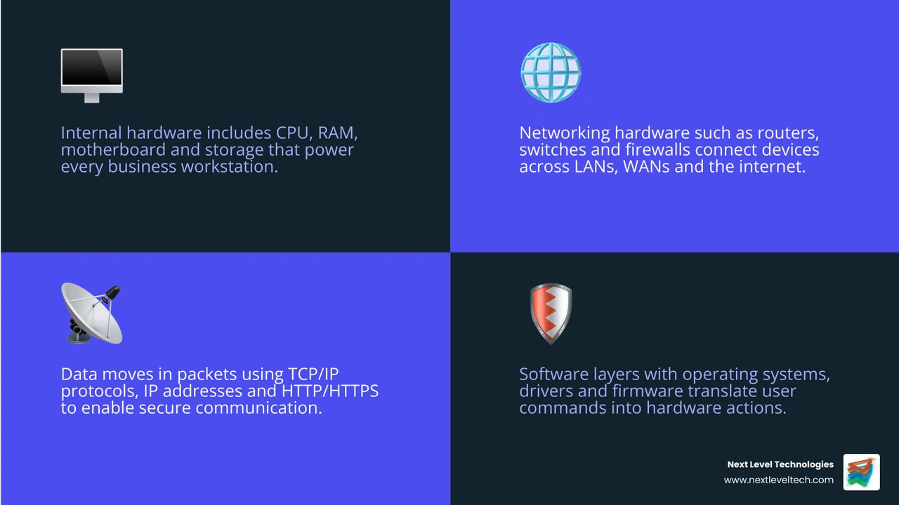 Infographic showing the interaction between hardware components, software layers, and network communication infographic