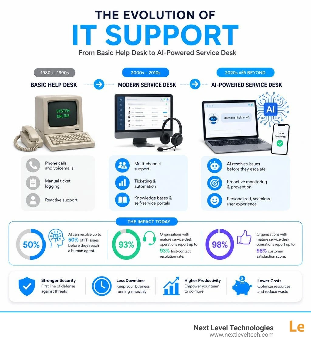 Infographic showing evolution of IT support from basic help desk to AI-powered service desk with key stats infographic Infographic showing evolution of IT support from basic help desk to AI-powered service desk with key stats infographic
