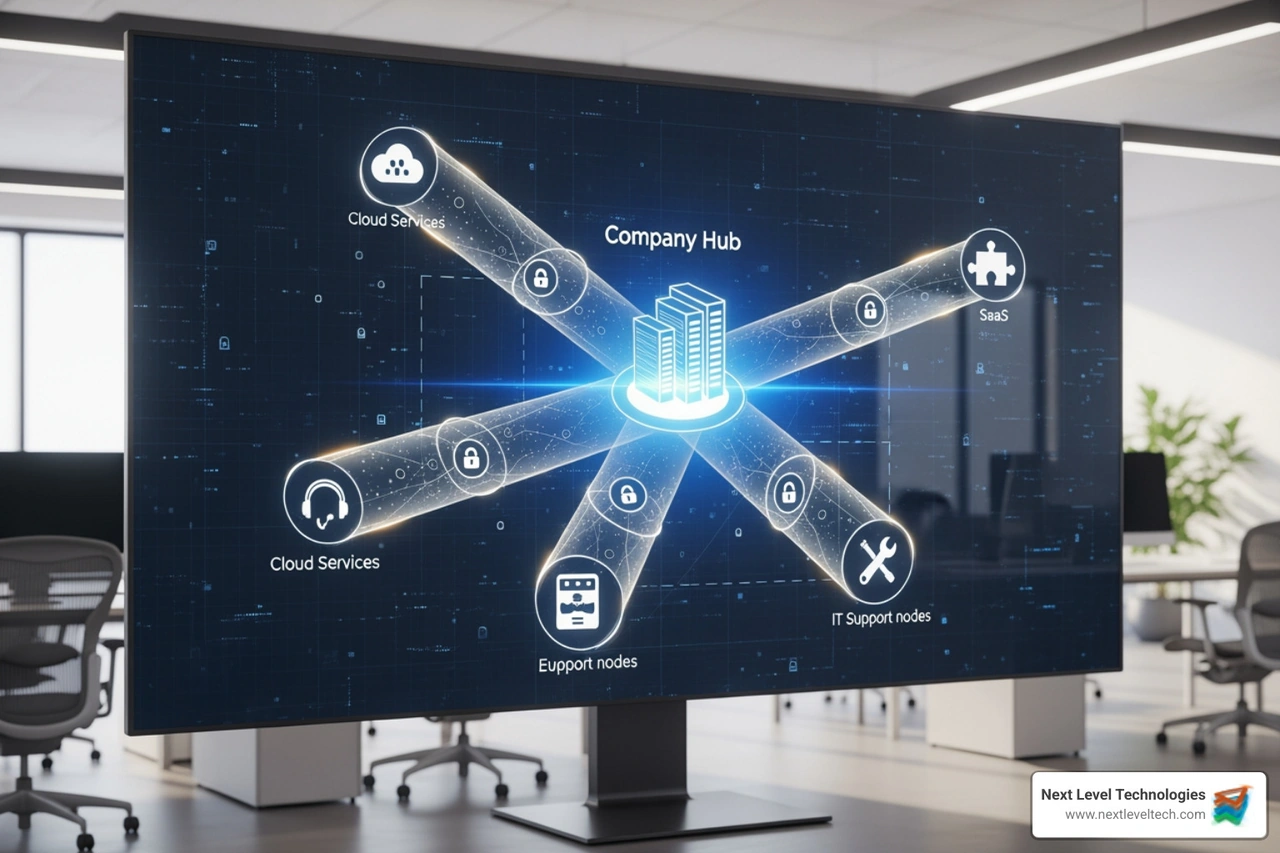 A secure corporate network showing encrypted pathways to various third-party vendors - Vendor risk management services A secure corporate network showing encrypted pathways to various third-party vendors - Vendor risk management services