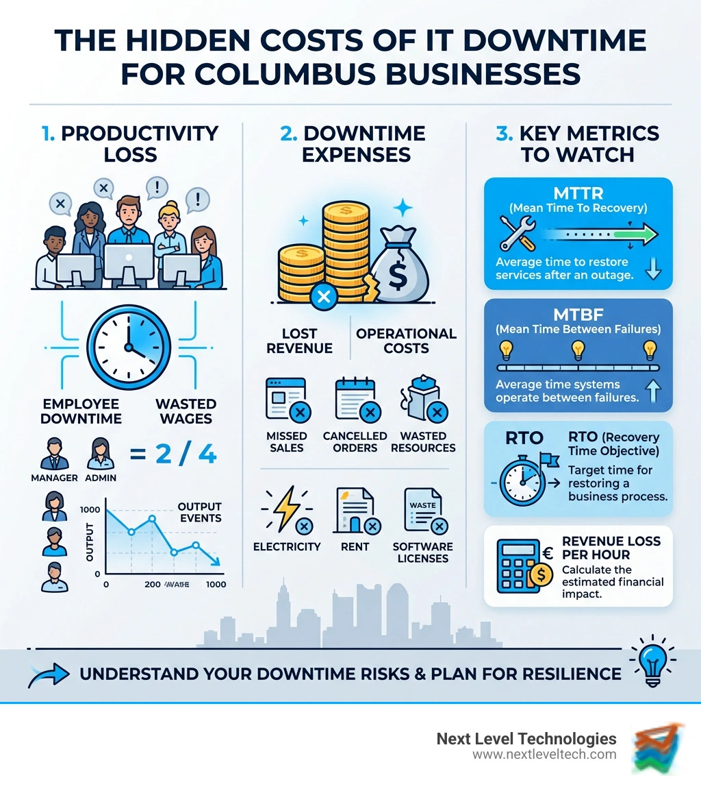 Hidden costs of IT downtime infographic: productivity loss, downtime expenses, and key metrics for Columbus businesses - it Hidden costs of IT downtime infographic: productivity loss, downtime expenses, and key metrics for Columbus businesses - it