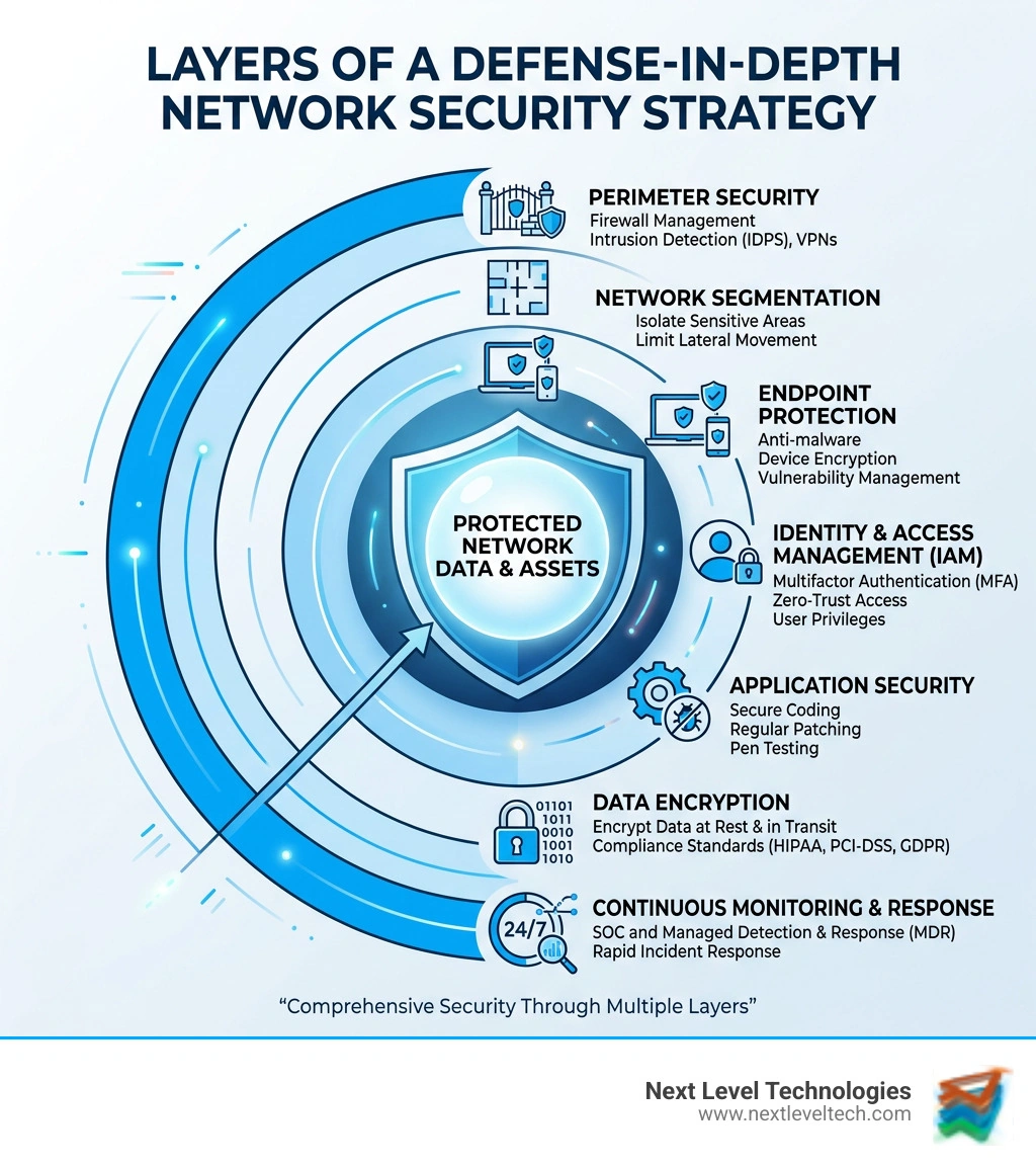 Layers of a defense-in-depth network security strategy infographic - Network security IT services infographic Layers of a defense-in-depth network security strategy infographic - Network security IT services infographic