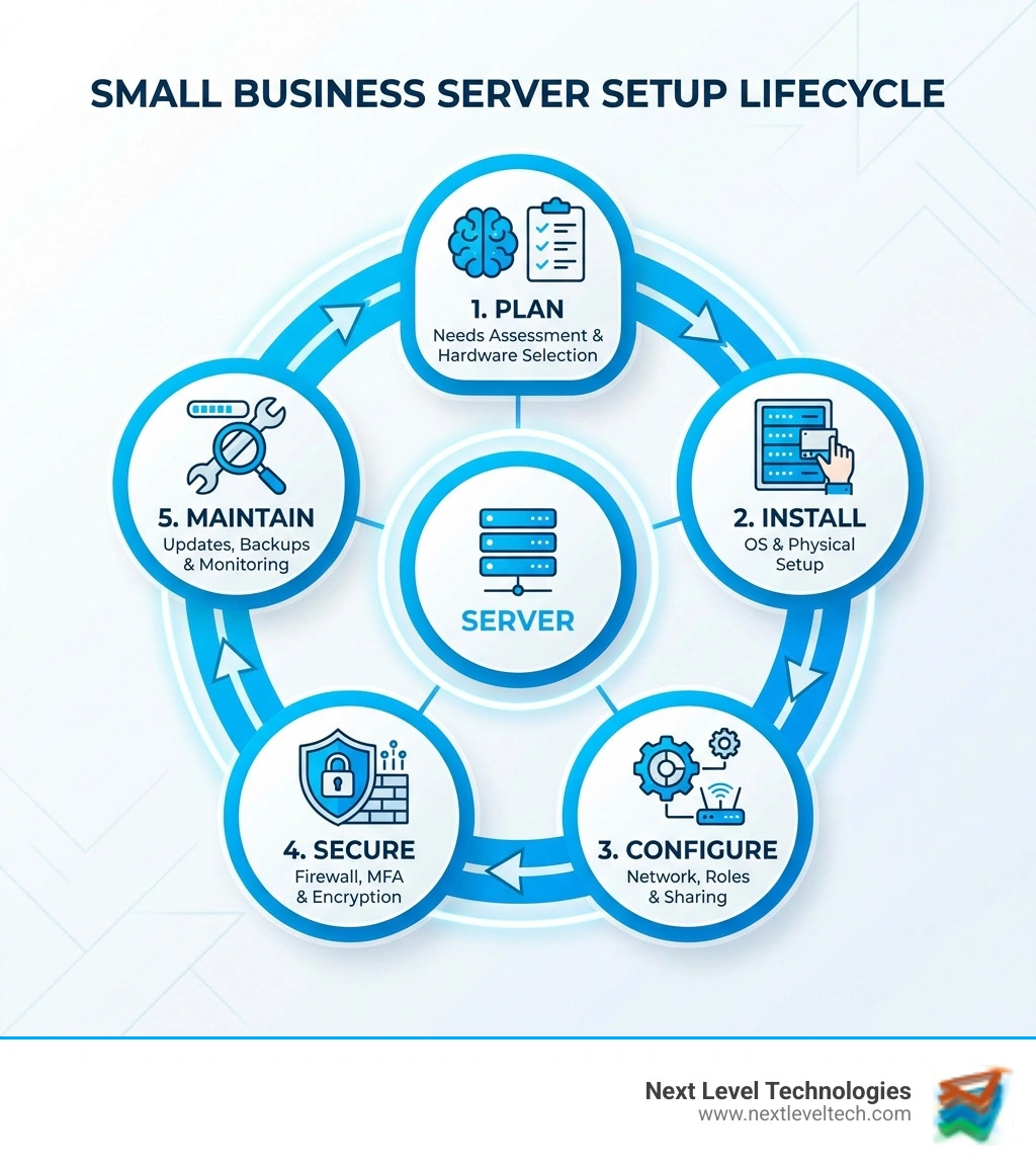 Small business server setup lifecycle: plan, install, configure, secure, maintain - small office server setup infographic Small business server setup lifecycle: plan, install, configure, secure, maintain - small office server setup infographic